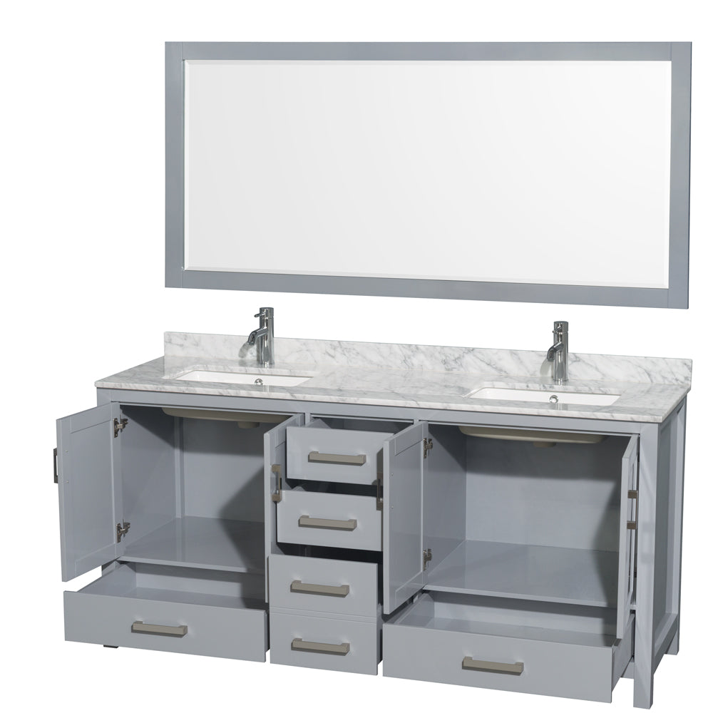 Sheffield 72" Double Vanity in Gray, Top, Square Sinks, 70" Mirror