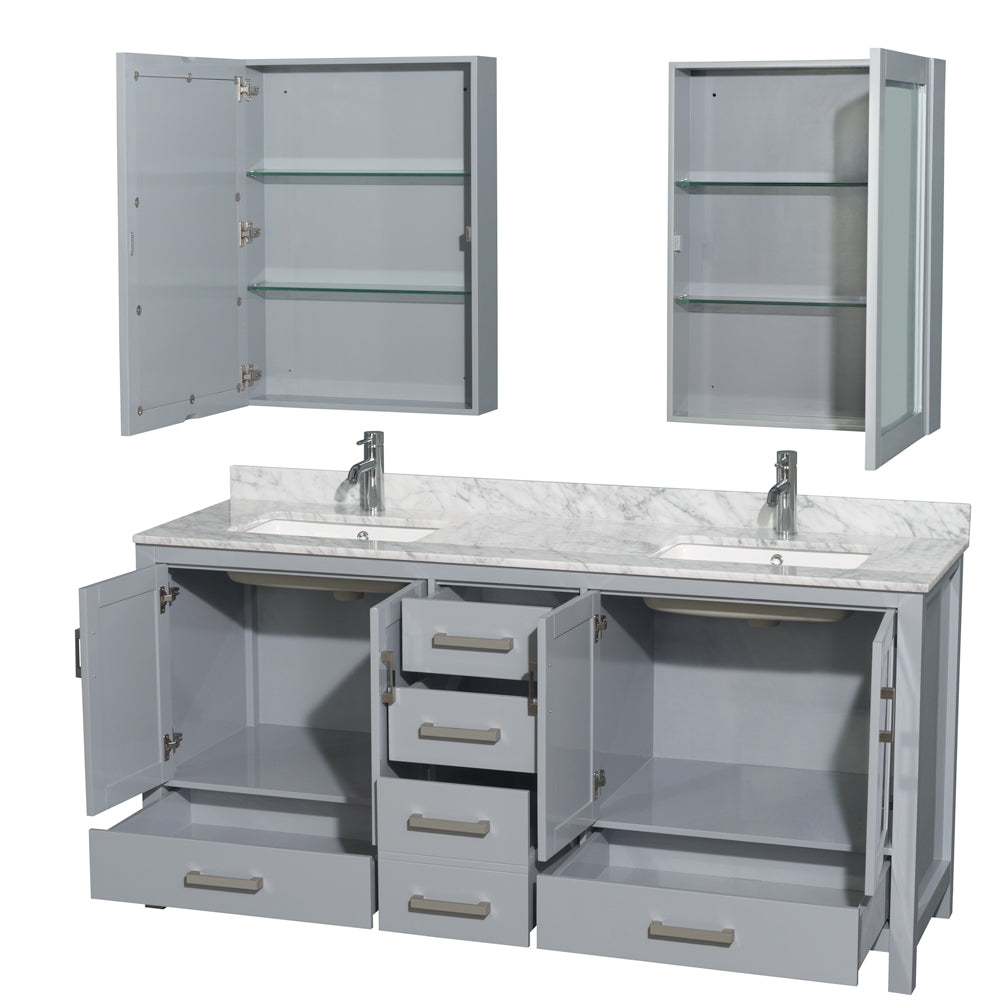 Sheffield 72" Double Vanity in Gray, Top, Square Sinks, Medicine Cabinets
