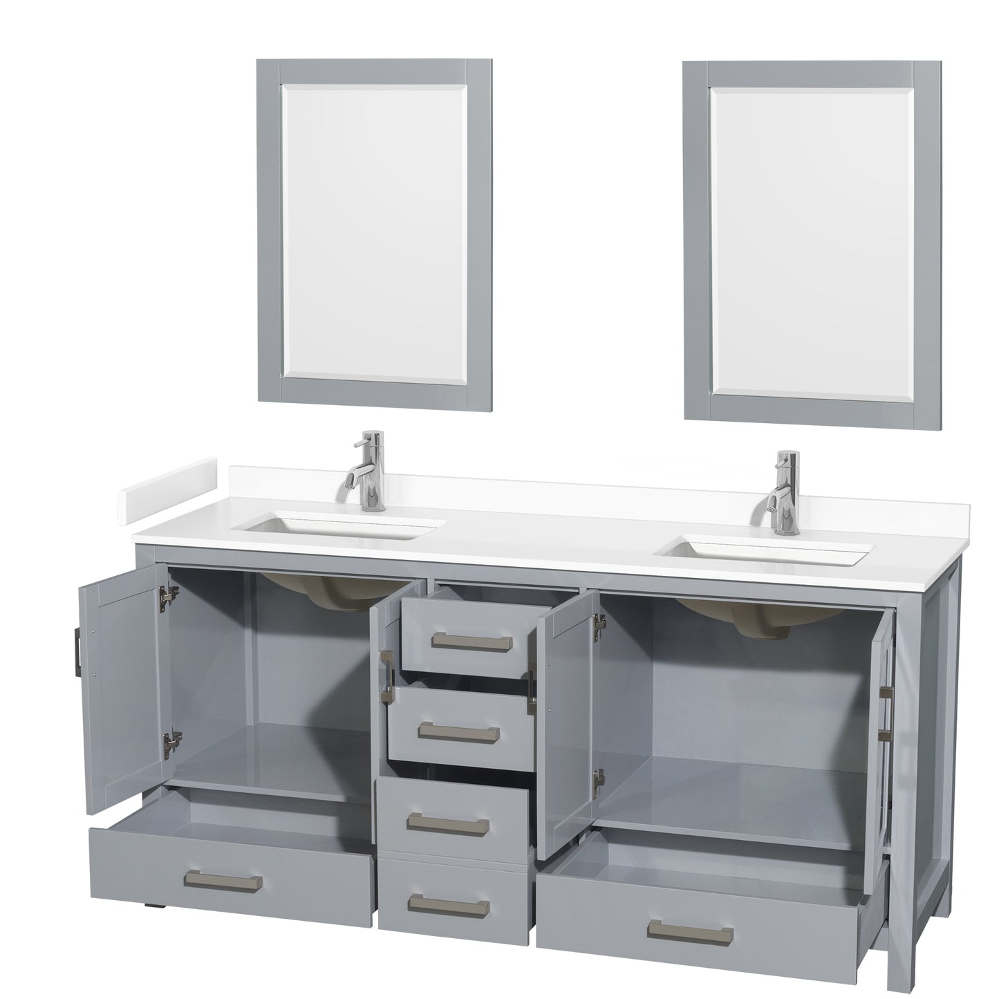 Sheffield 72" Double Vanity in Gray, White Marble Top, Square 24" Mirrors
