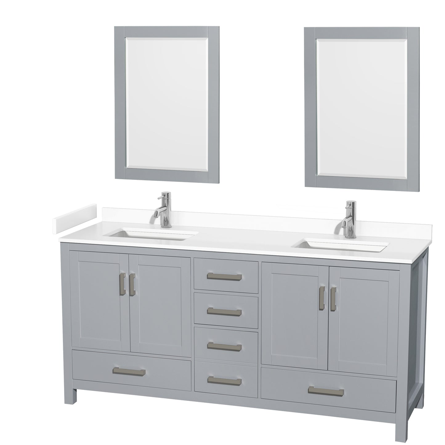 Sheffield 72" Double Vanity in Gray, White Marble Top, Square 24" Mirrors