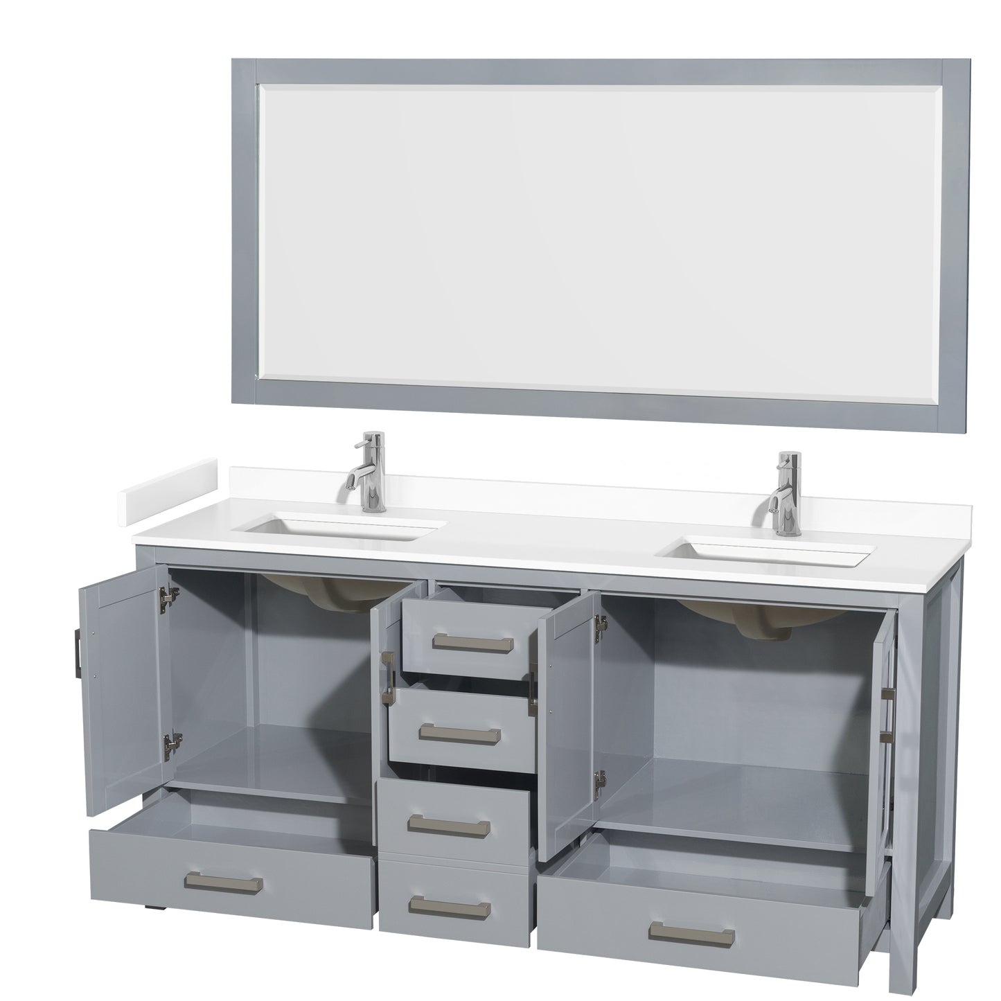 Sheffield 72" Double Vanity in Gray, White Marble Top, Square 70" Mirror