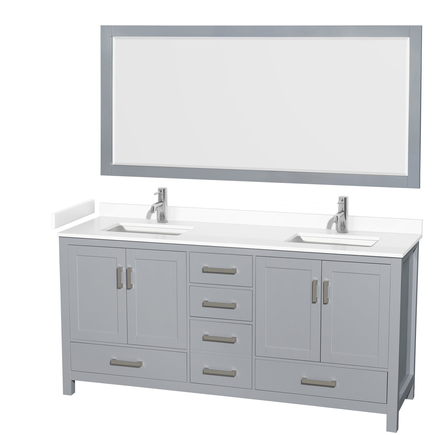 Sheffield 72" Double Vanity in Gray, White Marble Top, Square 70" Mirror