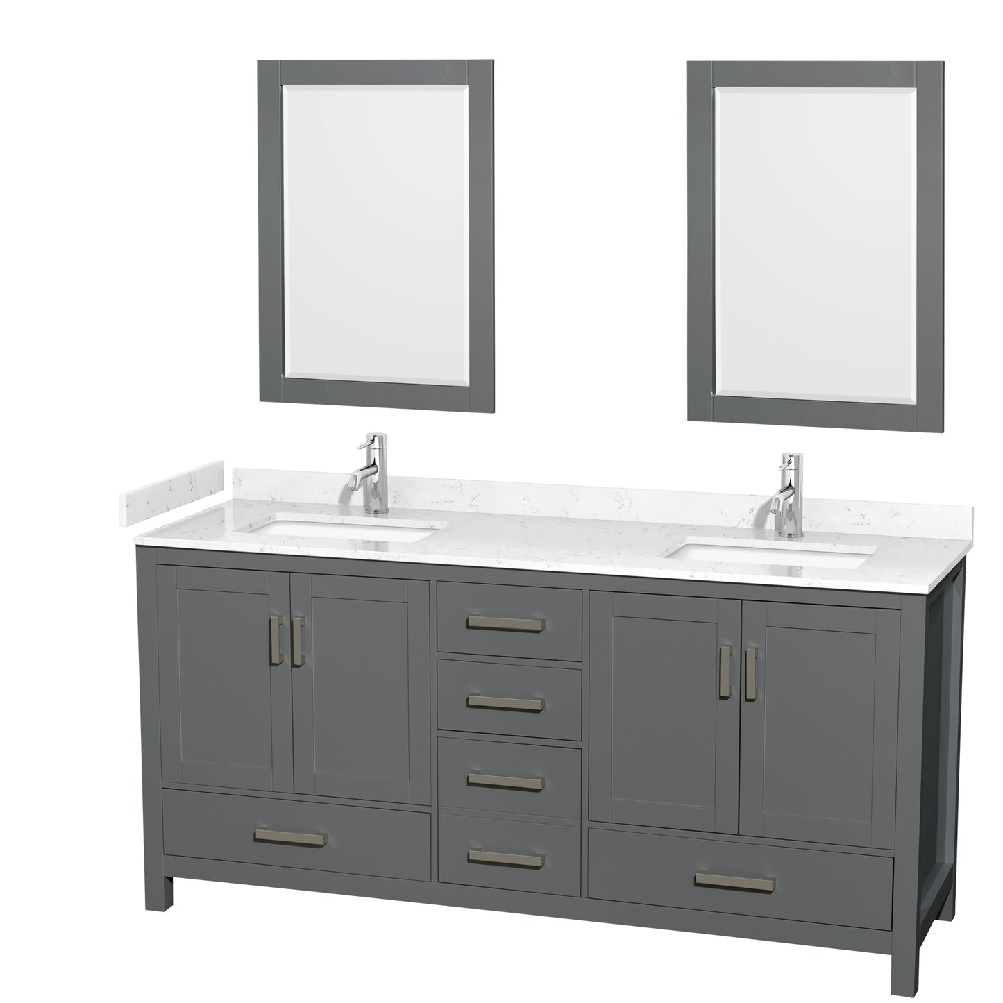 Sheffield 72" Double Vanity in Dark Gray, Carrara Marble Top, Square 24" Mirrors