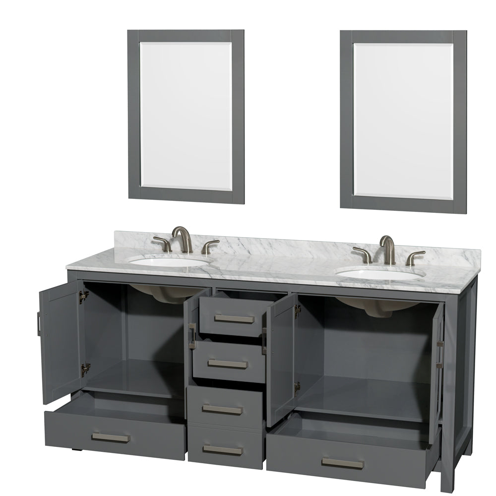 Sheffield 72" Double Vanity in Dark Gray, Top, Oval Sinks, 24" Mirrors
