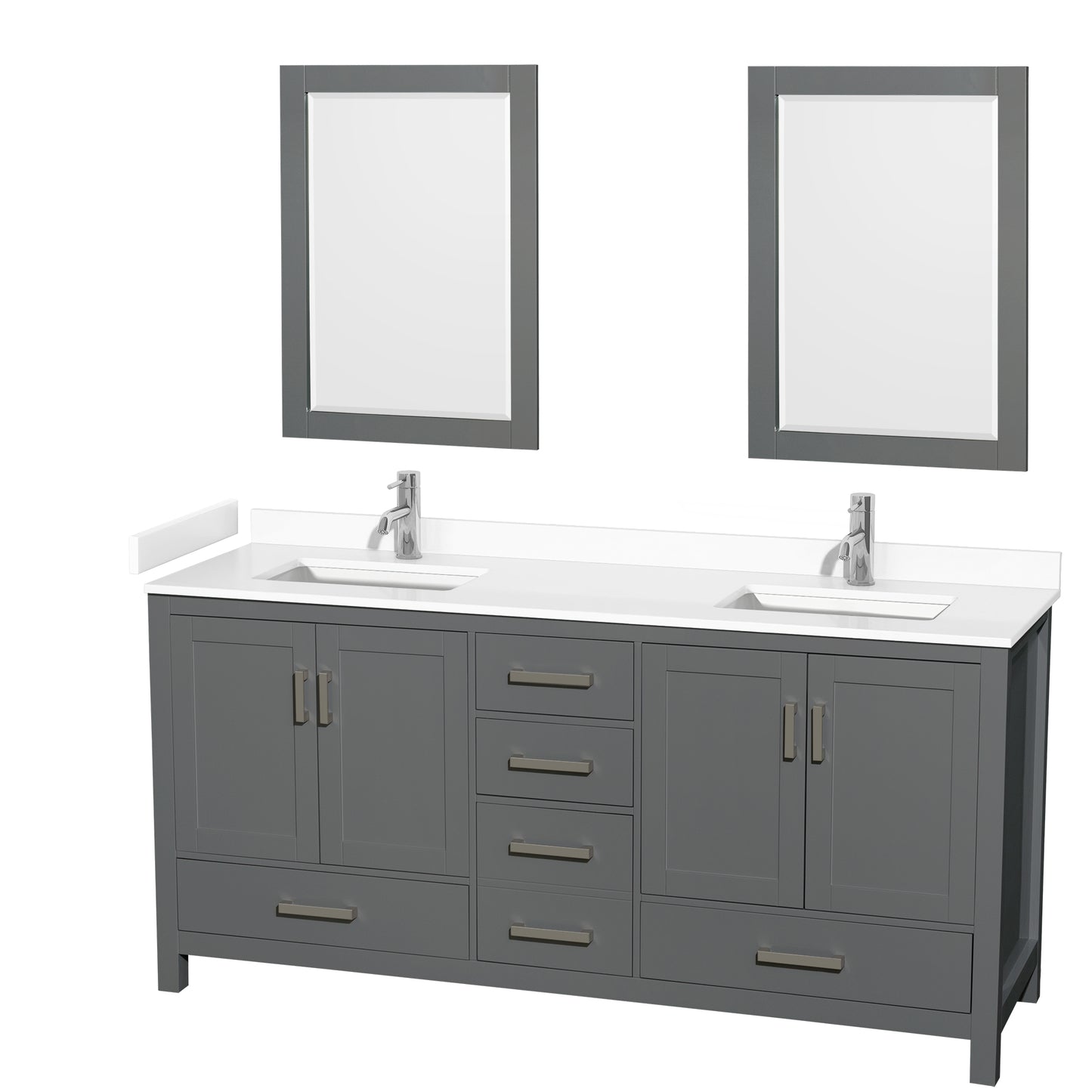 Sheffield 72" Double Vanity in Dark Gray, White Marble Top, Square 24" Mirrors