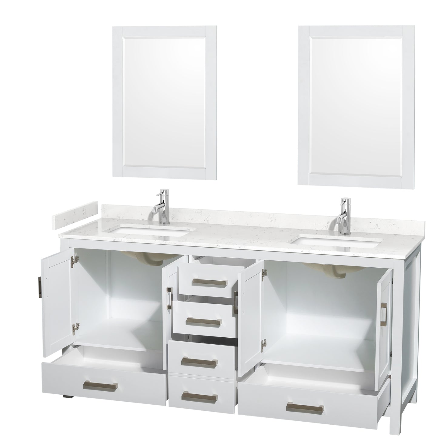 Sheffield 72" Double Vanity in White, Carrara Marble Top, Square 24" Mirrors