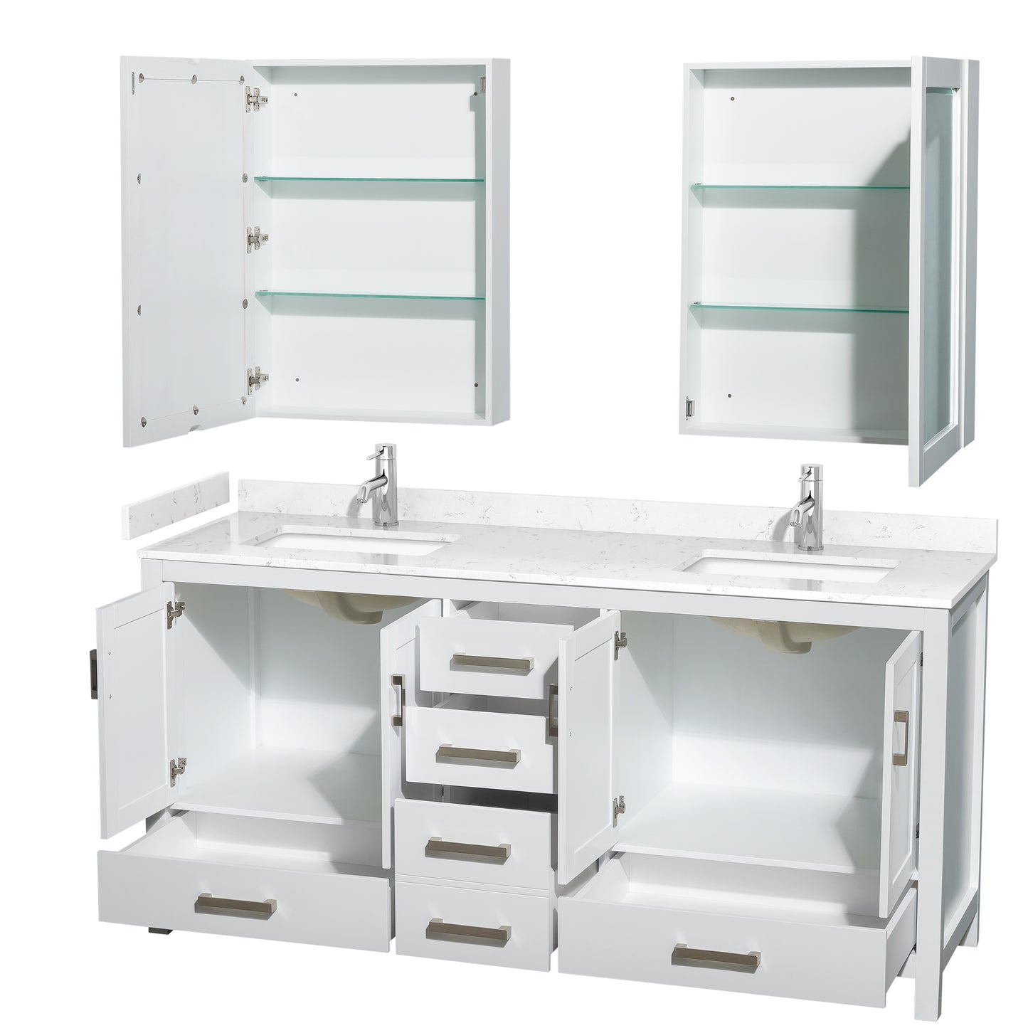 Sheffield 72" Double Vanity in White, Carrara Marble Top, Medicine Cabinets