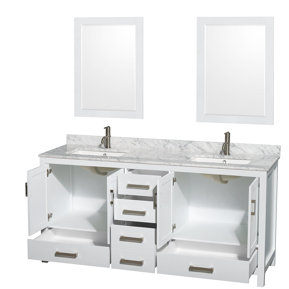 Sheffield 72" Double Vanity in White, Top, Square Sinks, 24" Mirrors