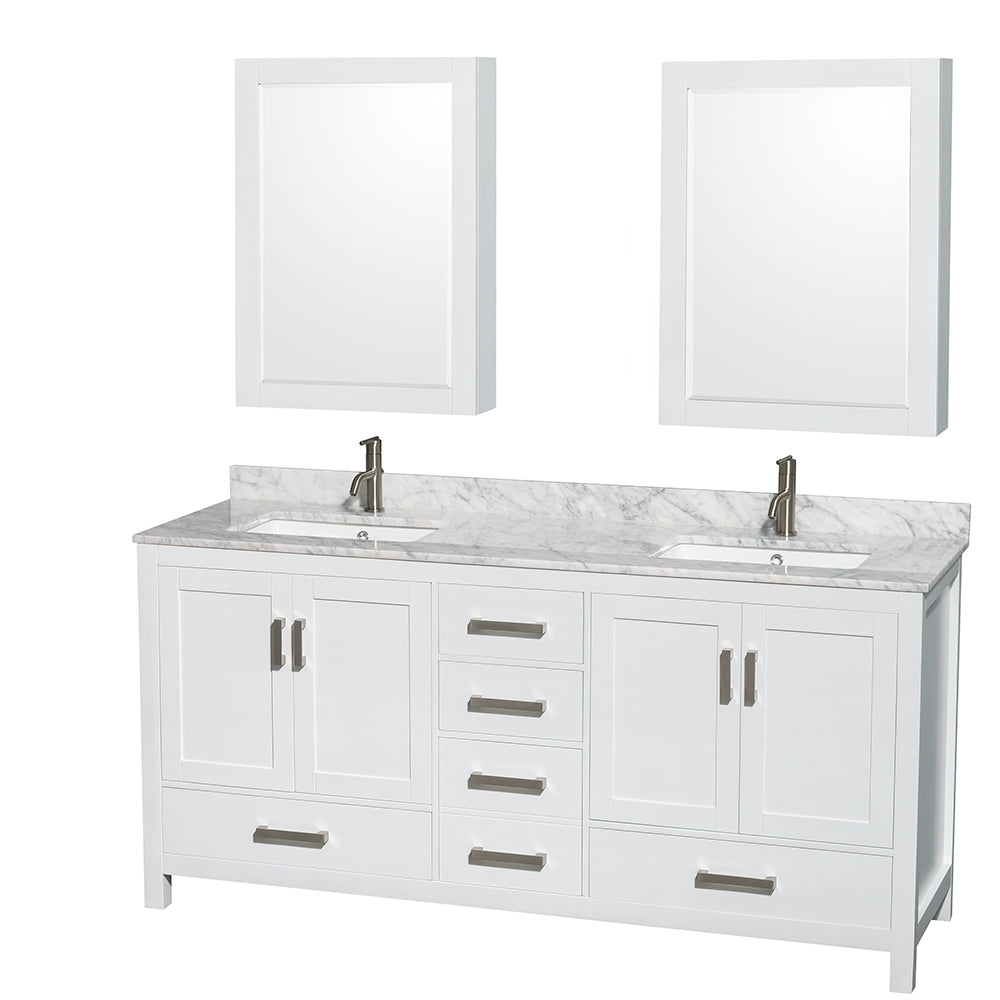 Sheffield 72 inch Double Bathroom Vanity in White, White Carrara Marble Countertop, Undermount Square Sinks, and Medicine Cabinets