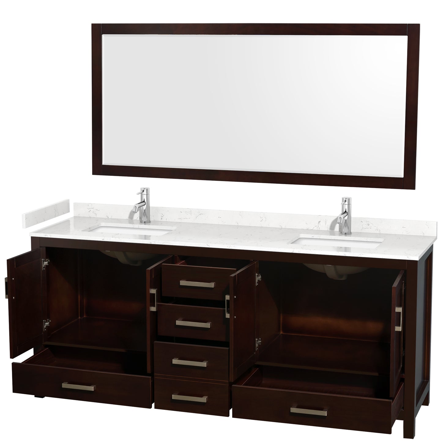 Sheffield 80" Double Vanity in Espresso, Carrara Marble Top, Square 70" Mirror