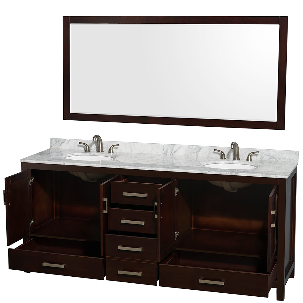 Sheffield 80" Double Vanity in Espresso, Top, Oval Sinks, 70" Mirror