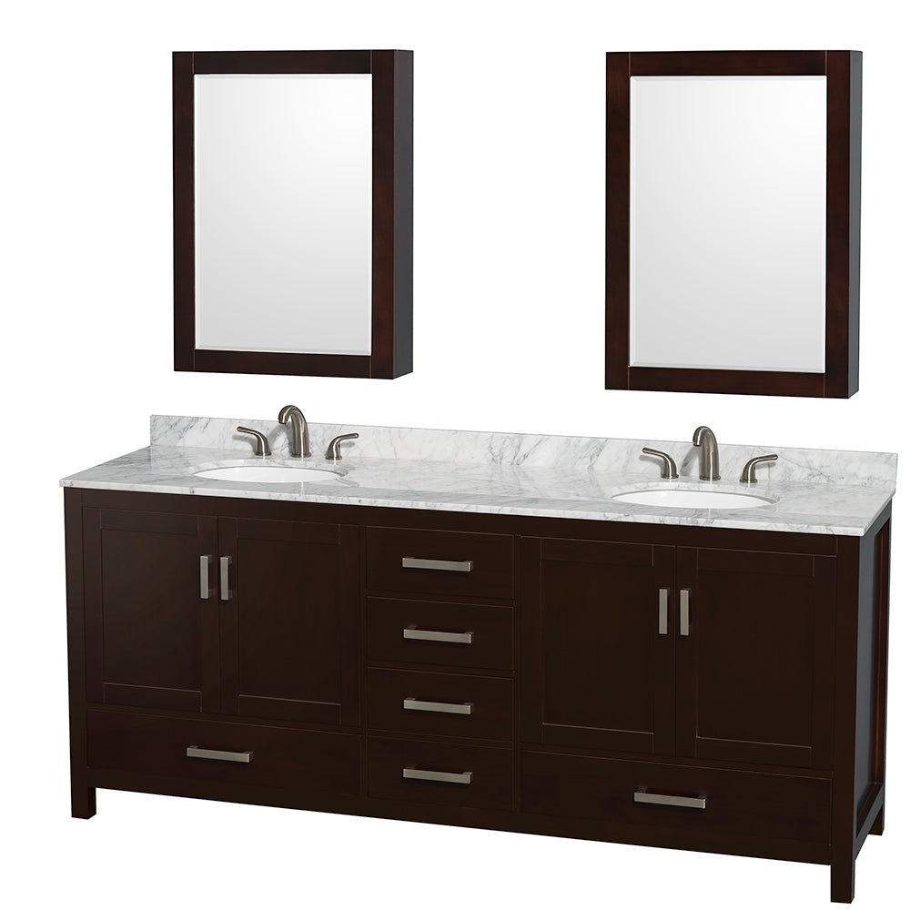 Sheffield 80 inch Double Bathroom Vanity in Espresso, White Carrara Marble Countertop, Undermount Oval Sinks, and Medicine Cabinets