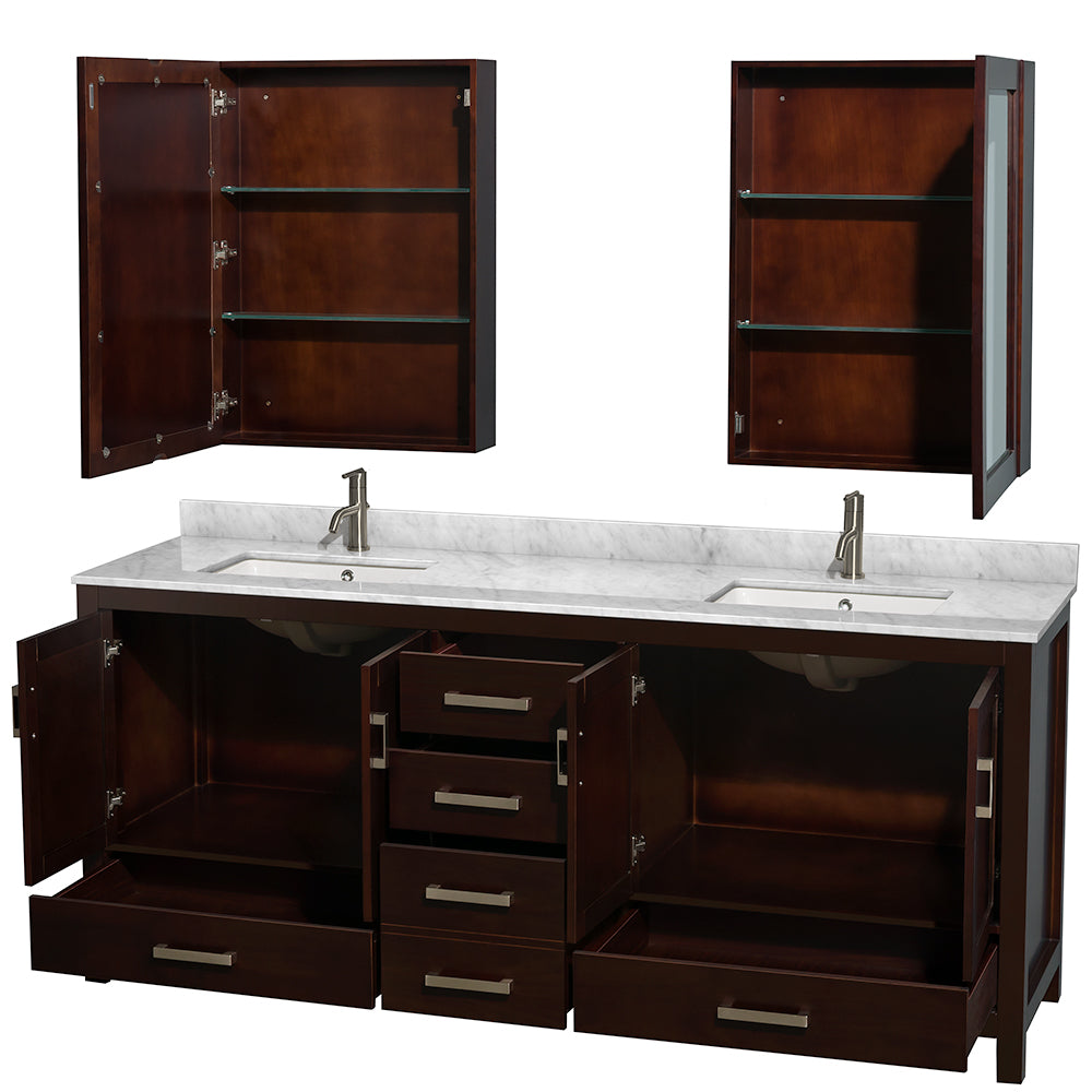 Sheffield 80" Double Vanity in Espresso, top, Square Sinks, Medicine Cabinets