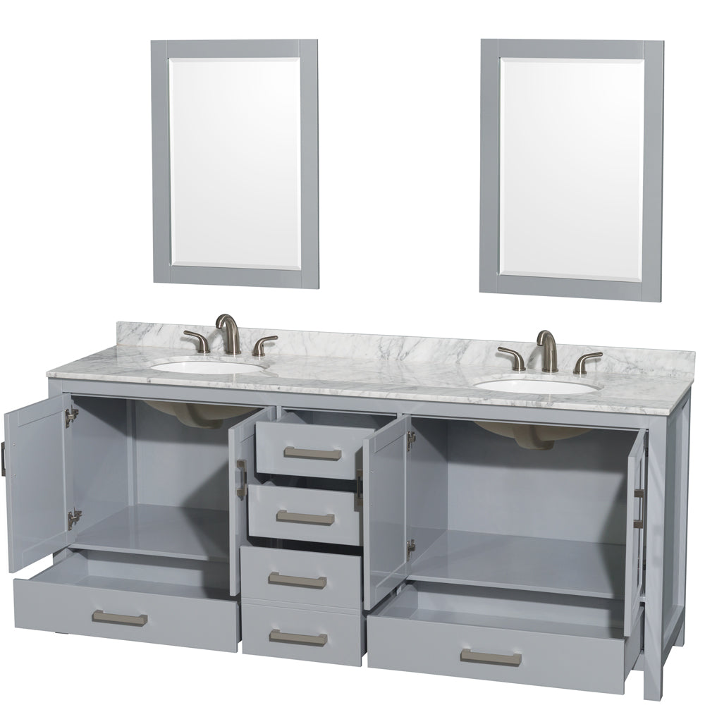 Sheffield 80" Double Vanity in Gray, Top, Oval Sinks, 24" Mirrors