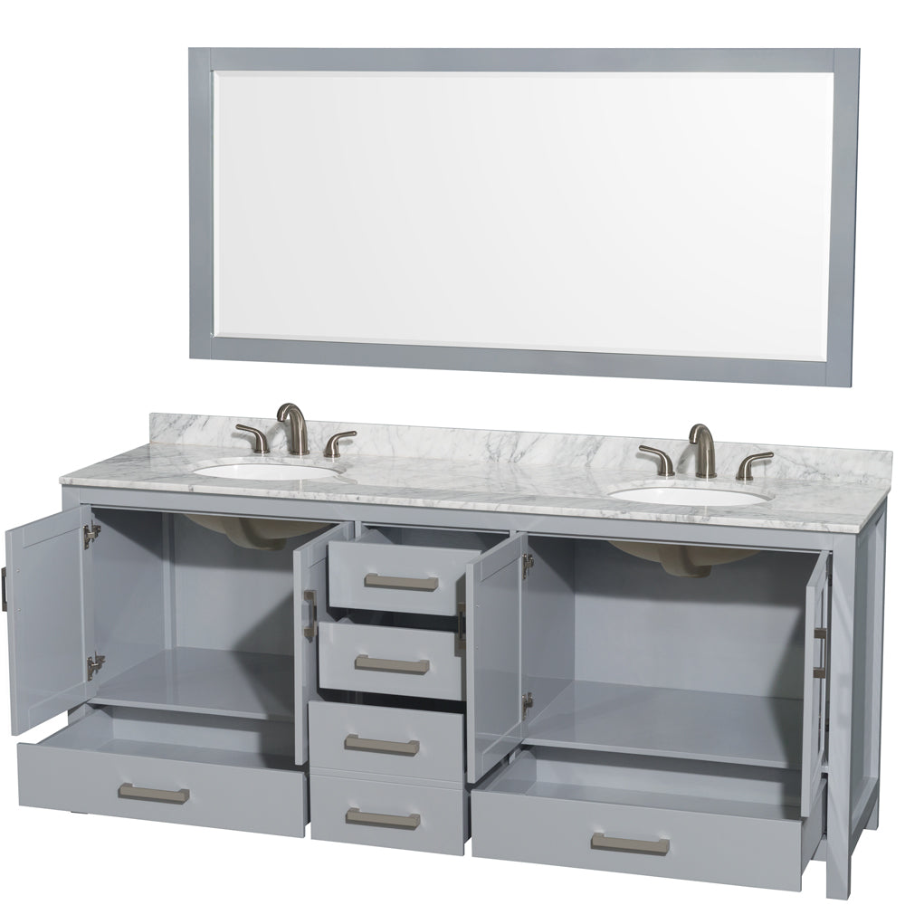 Sheffield 80" Double Vanity in Gray, Top, Oval Sinks, 70" Mirror