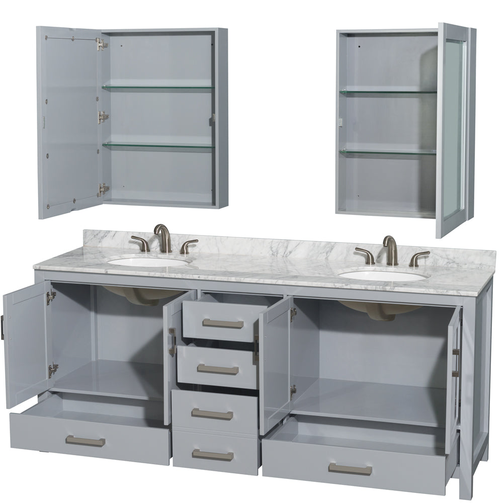 Sheffield 80" Double Vanity in Gray, Top, Oval Sinks, Medicine Cabinets