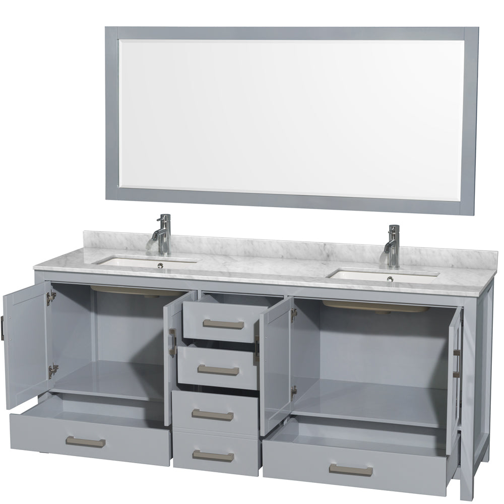 Sheffield 80" Double Vanity in Gray, Top, Square Sinks, 70" Mirror