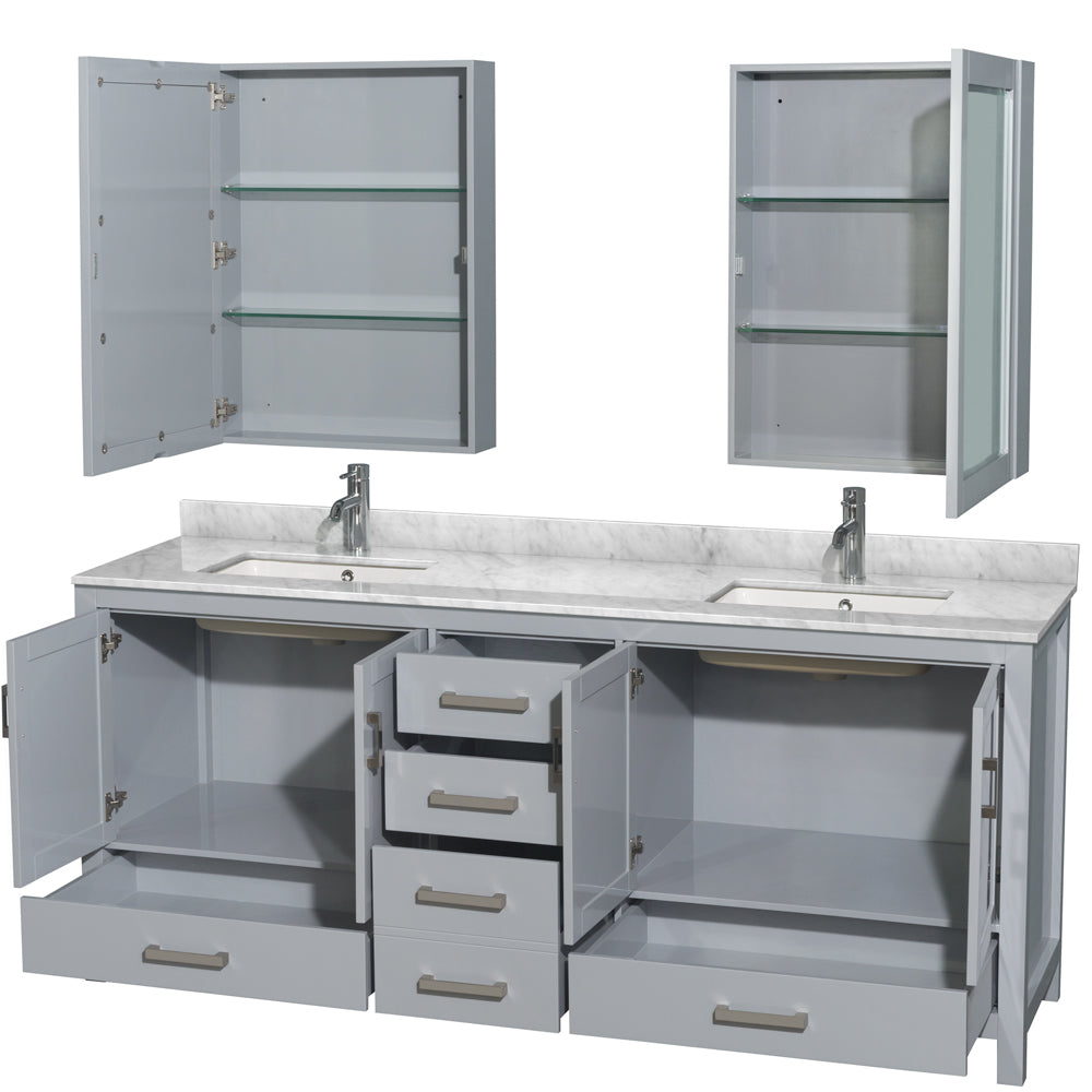 Sheffield 80" Double Vanity in Gray, Top, Square Sinks, Medicine Cabinets