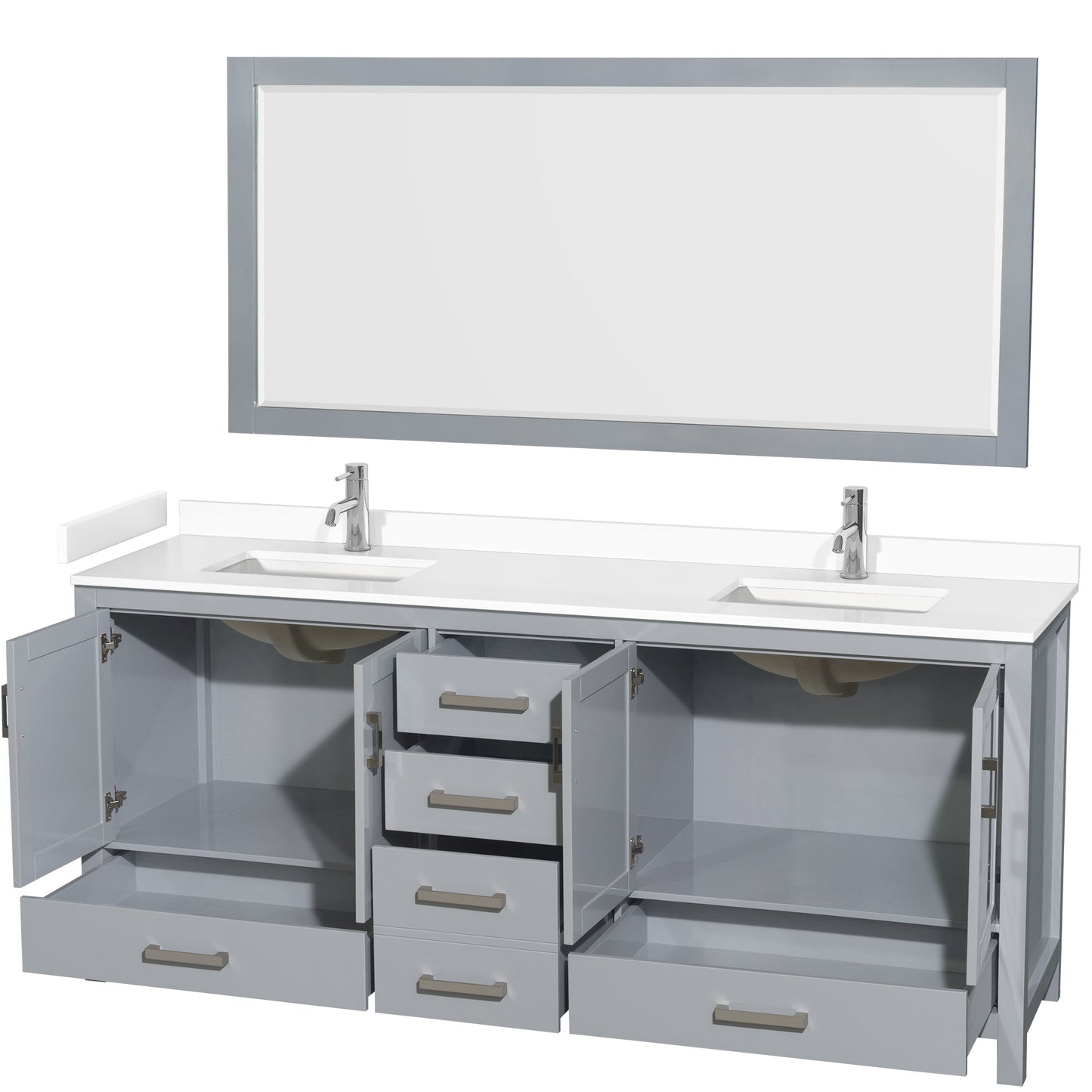 Sheffield 80" Double Vanity in Gray, White Marble Top, Square 70" Mirror