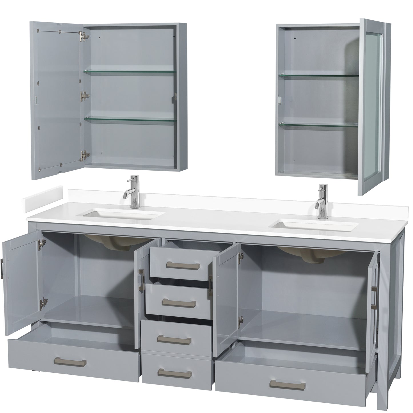 Sheffield 80" Double Vanity in Gray, White Marble Top, Square Medicine Cabinets