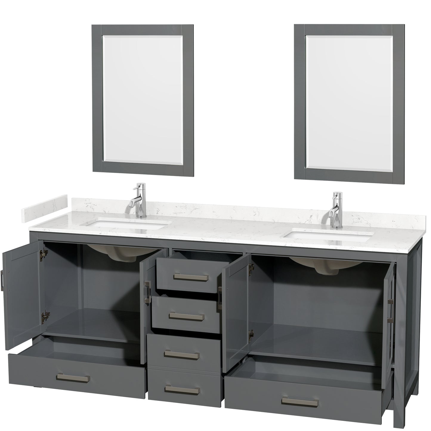 Sheffield 80" Double Vanity in Dark Gray, Carrara Marble Top, Square 24" Mirrors