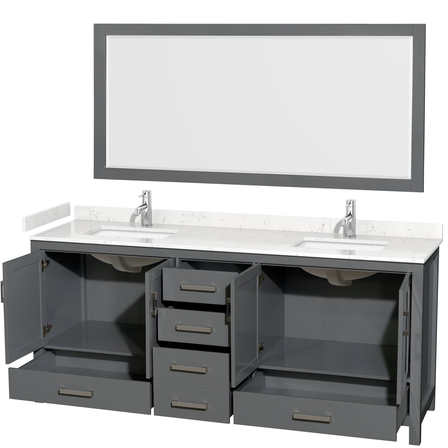Sheffield 80" Double Vanity in Dark Gray, Carrara Marble Top, Square 70" Mirror