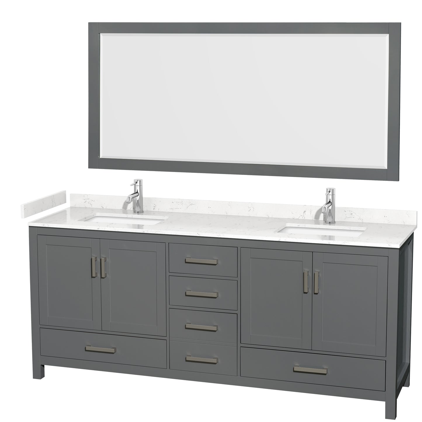 Sheffield 80" Double Vanity in Dark Gray, Carrara Marble Top, Square 70" Mirror