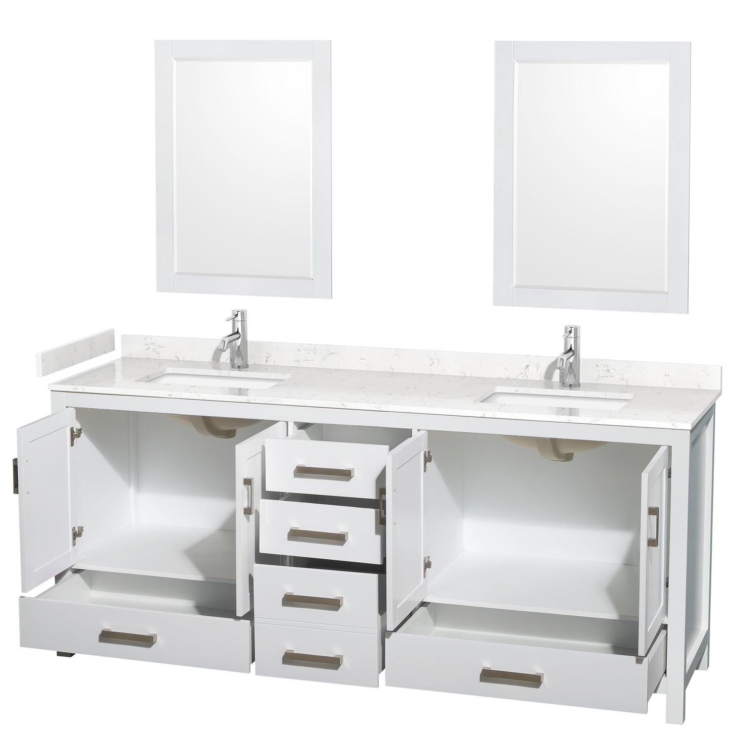 Sheffield 80" Double Vanity in White, Carrara Marble Top, Square 24" Mirrors