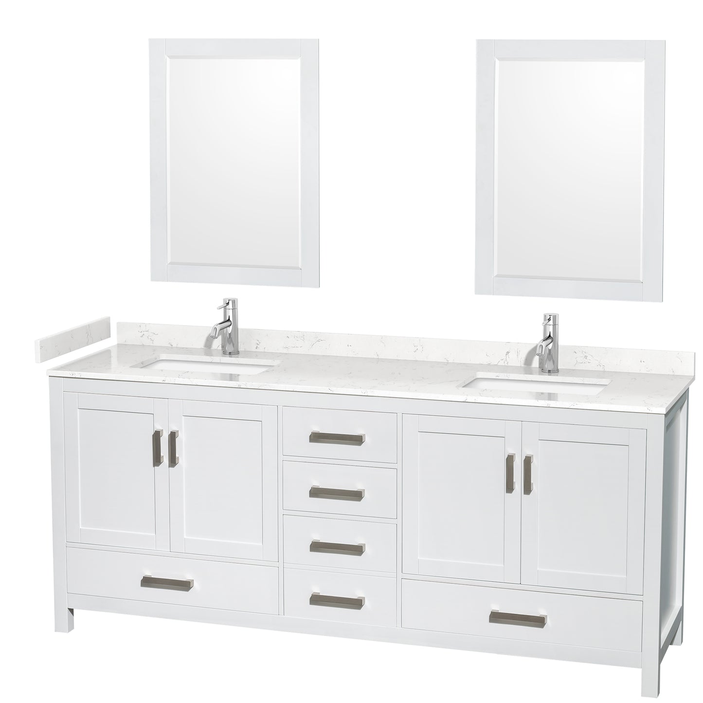 Sheffield 80" Double Vanity in White, Carrara Marble Top, Square 24" Mirrors