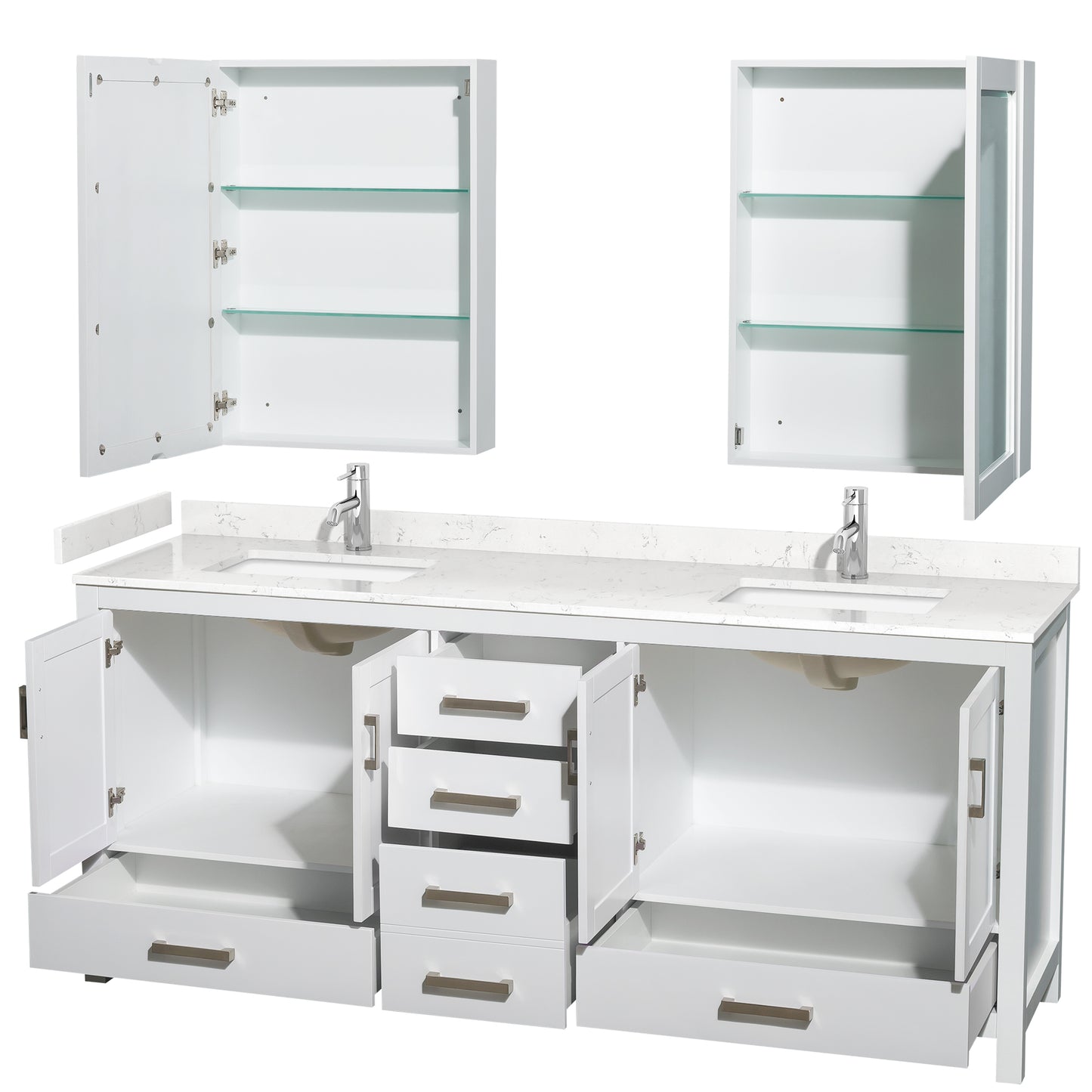 Sheffield 80" Double Vanity in White, Carrara Marble Top, Medicine Cabinets