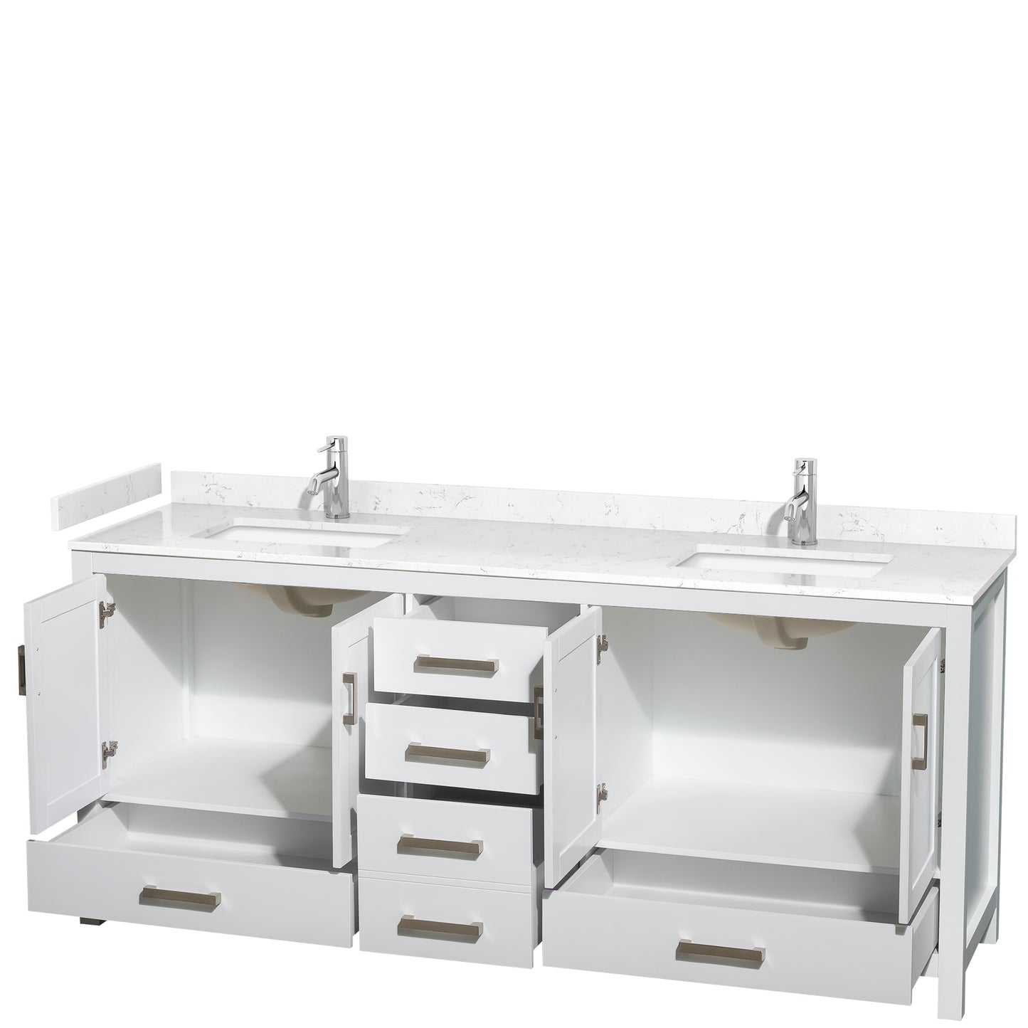Sheffield 80" Double Vanity in White, Carrara Marble Top, Square No Mirror