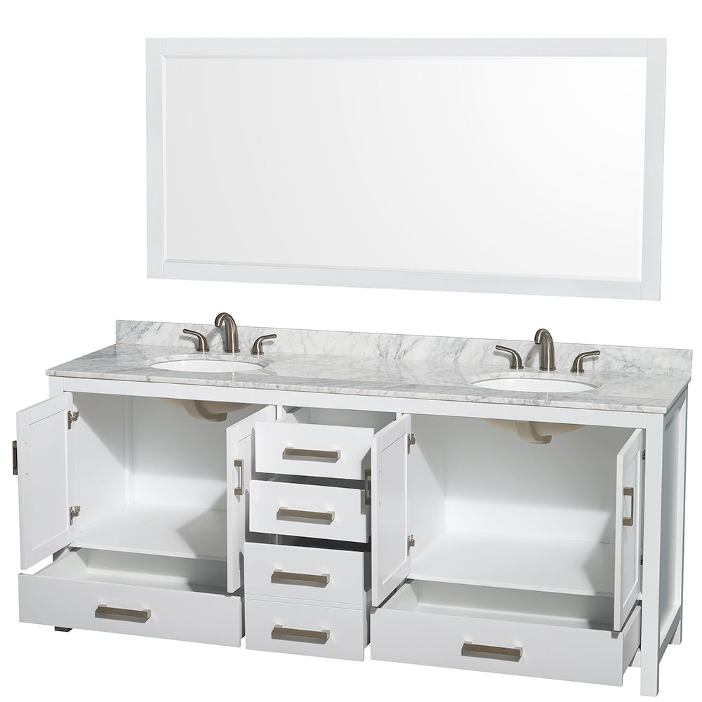 Sheffield 80" Double Vanity in White, Top, Oval Sinks, 70" Mirror