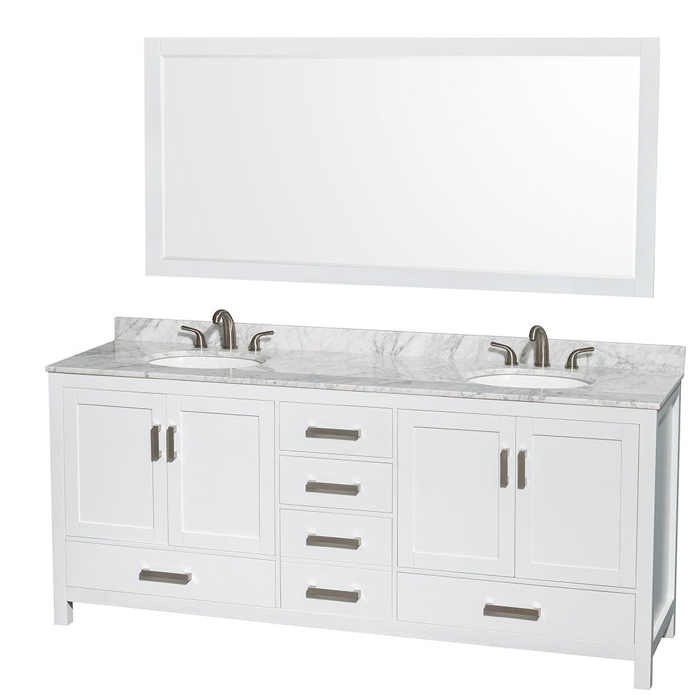 Sheffield 80 inch Double Bathroom Vanity in White, White Carrara Marble Countertop, Undermount Oval Sinks, and 70 inch Mirror