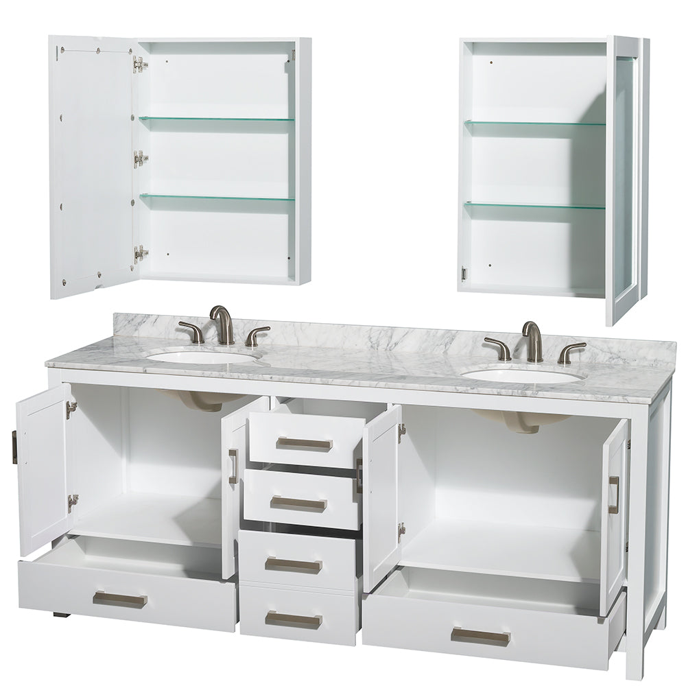 Sheffield 80" Double Vanity in White, Top, Oval Sinks, Medicine Cabinets