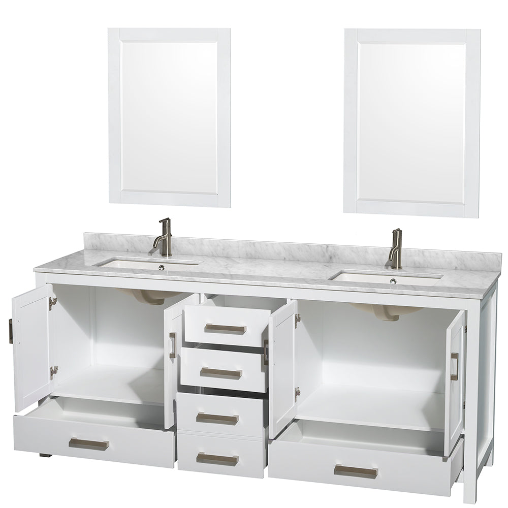 Sheffield 80" Double Vanity in White, Top, Square Sinks, 24" Mirrors