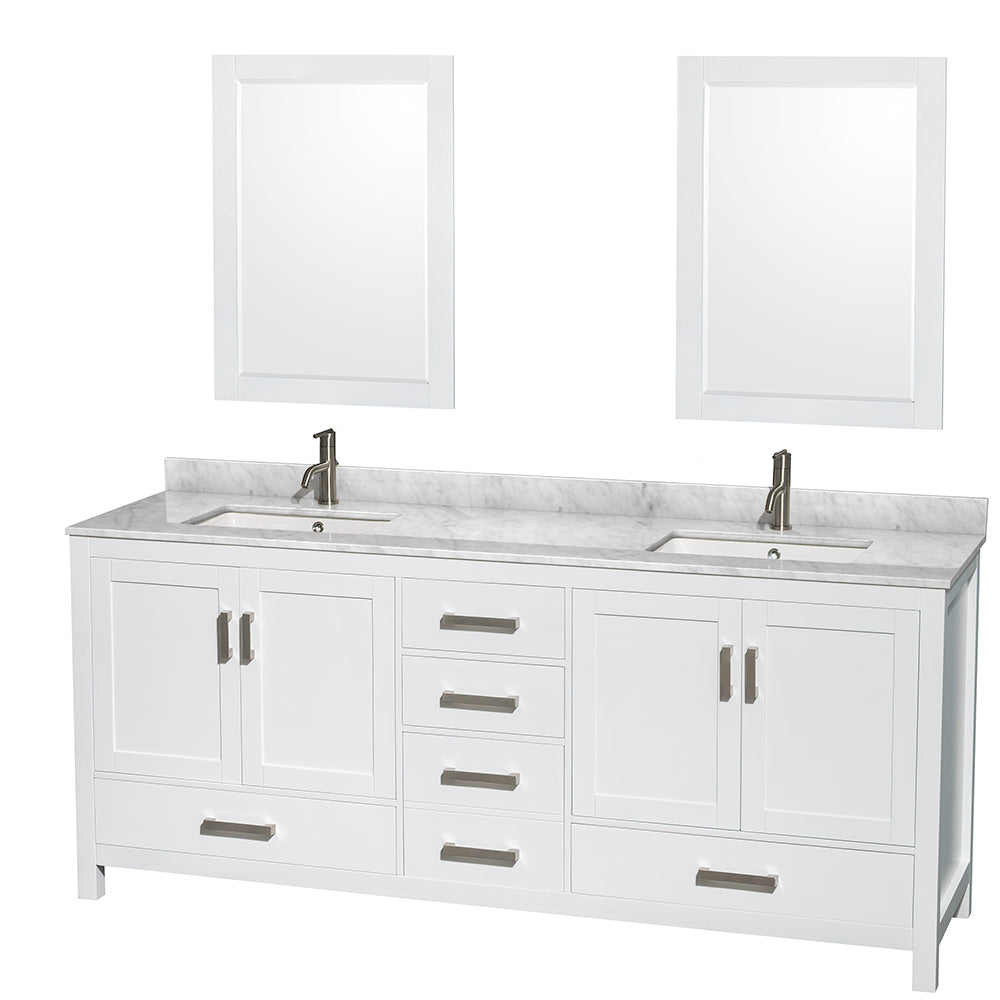 Sheffield 80 inch Double Bathroom Vanity in White, White Carrara Marble Countertop, Undermount Square Sinks, and 24 inch Mirrors