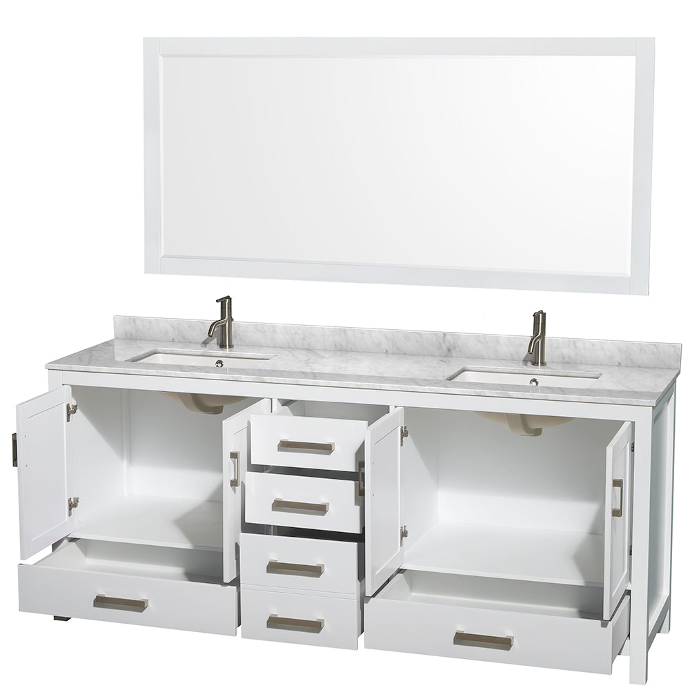 Sheffield 80" Double Vanity in White, Top, Square Sinks, 70" Mirror