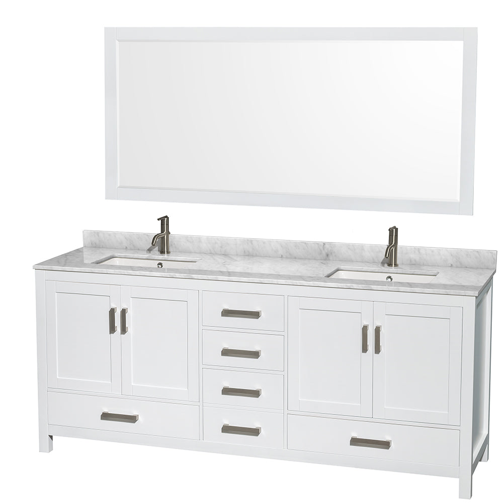 Sheffield 80 inch Double Bathroom Vanity in White, White Carrara Marble Countertop, Undermount Square Sinks, and 70 inch Mirror