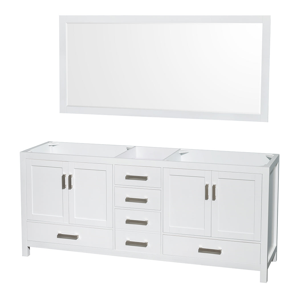 Sheffield 80" Double Vanity in White, No Top, No Sinks, 70" Mirror