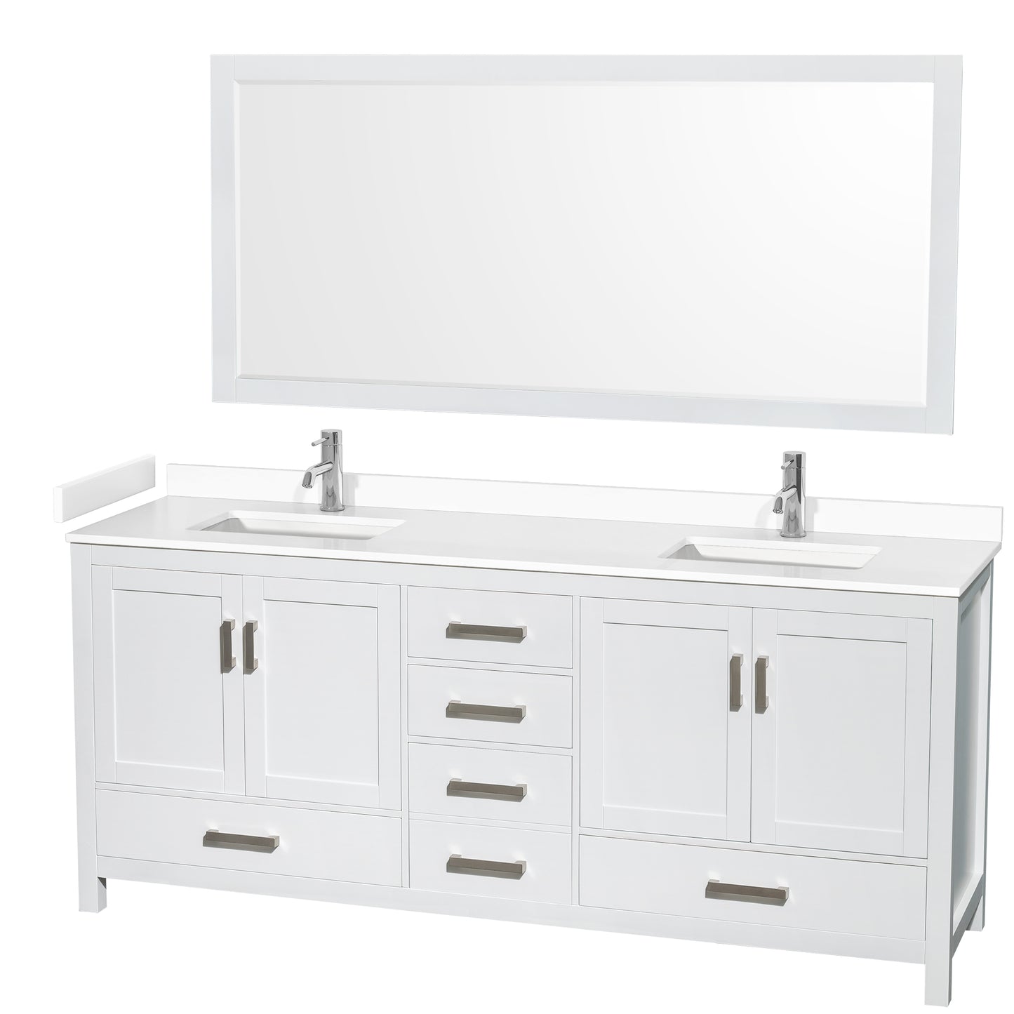 Sheffield 80" Double Vanity in White, White Marble Top, Square 70" Mirror