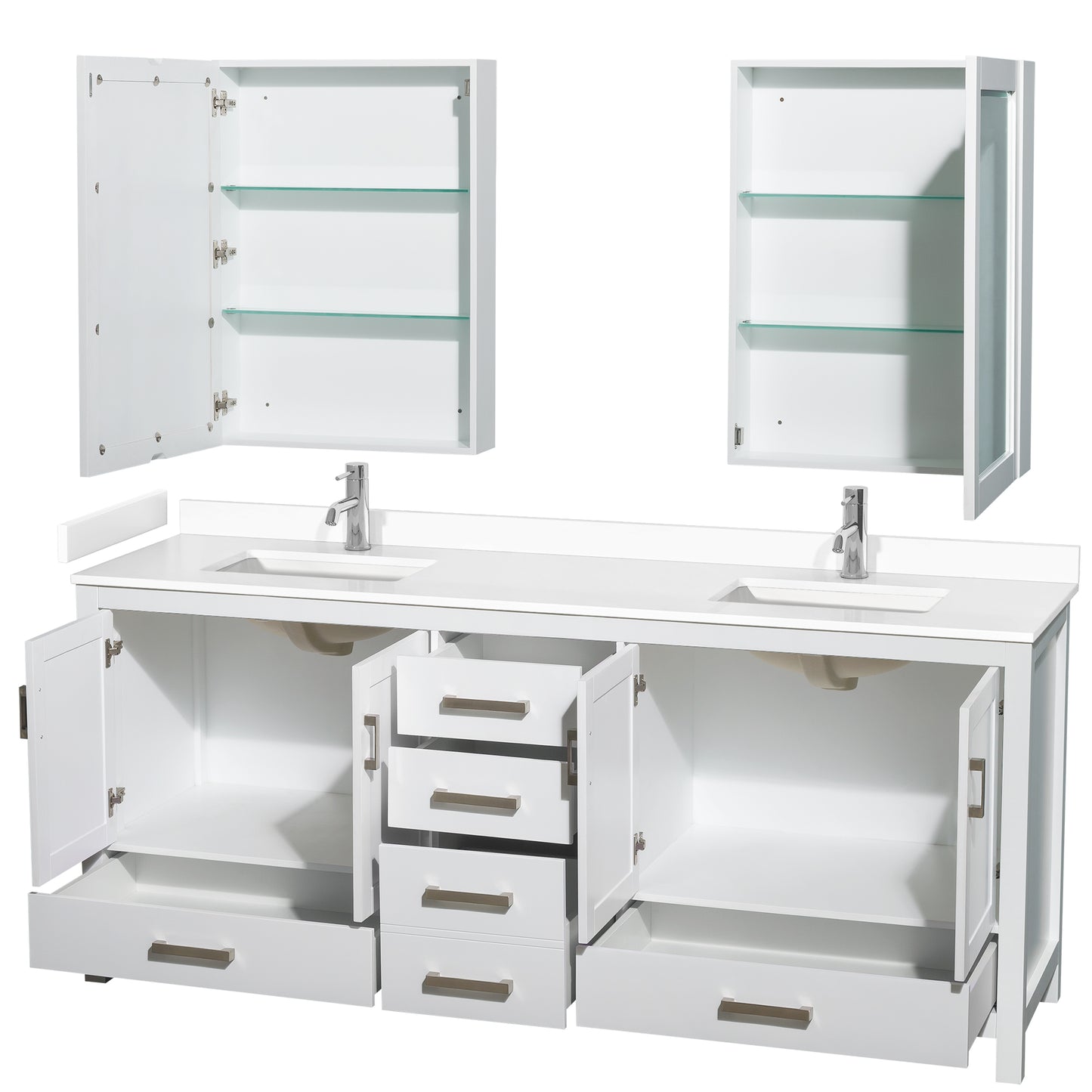 Sheffield 80" Double Vanity in White, White Marble Top, Square Medicine Cabinets