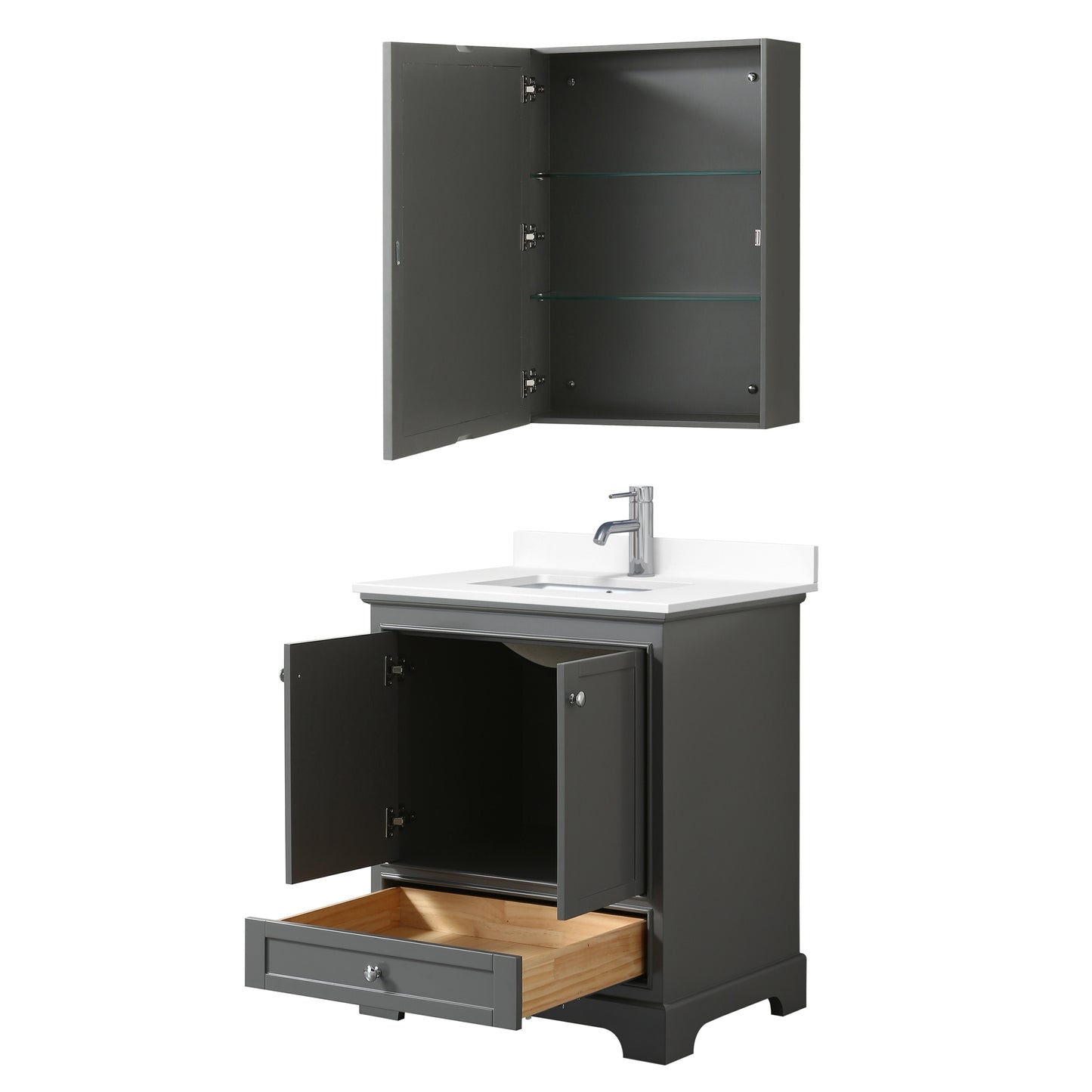 Deborah 30" Single Vanity in Gray, White Cultured Marble Top, Medicine Cabinet