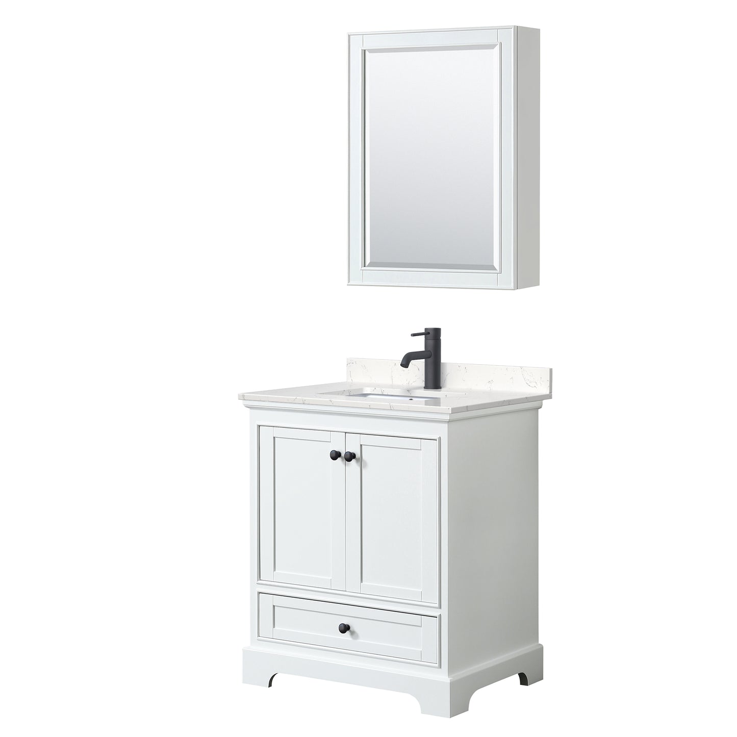 Deborah 30" White Single Vanity, Carrara Marble Top, Trim, Medicine Cabinet
