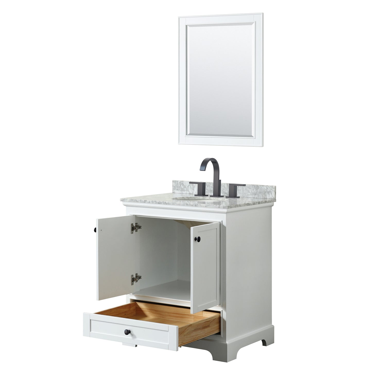 Deborah 30" Single Vanity in White, Top, Oval Sink, Matte Black Trim, 24" Mirror