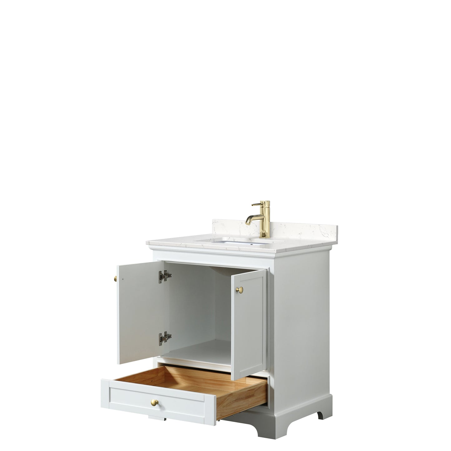 Deborah 30" Single Vanity in White, Carrara Marble Top, Gold Trim, No Mirror