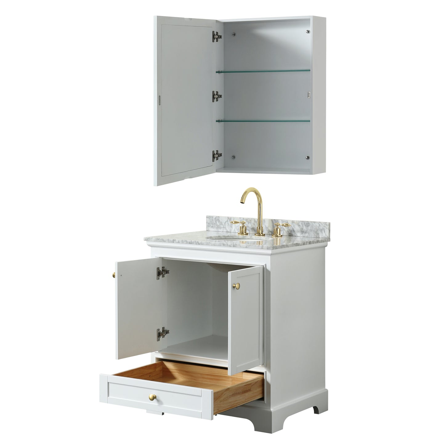 Deborah 30" White Single Vanity, Top, Oval Brushed Gold Trim, Medicine Cabinet