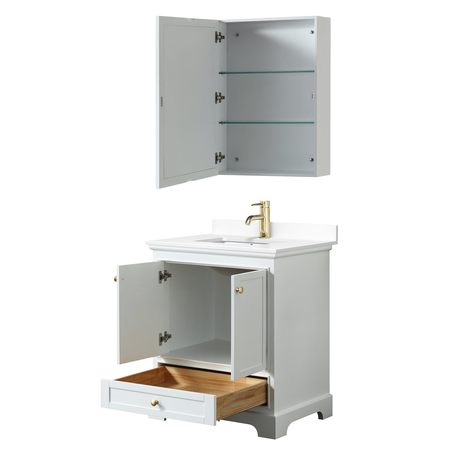 Deborah 30" White Single Vanity, White Marble Top, Gold Trim, Medicine Cabinet