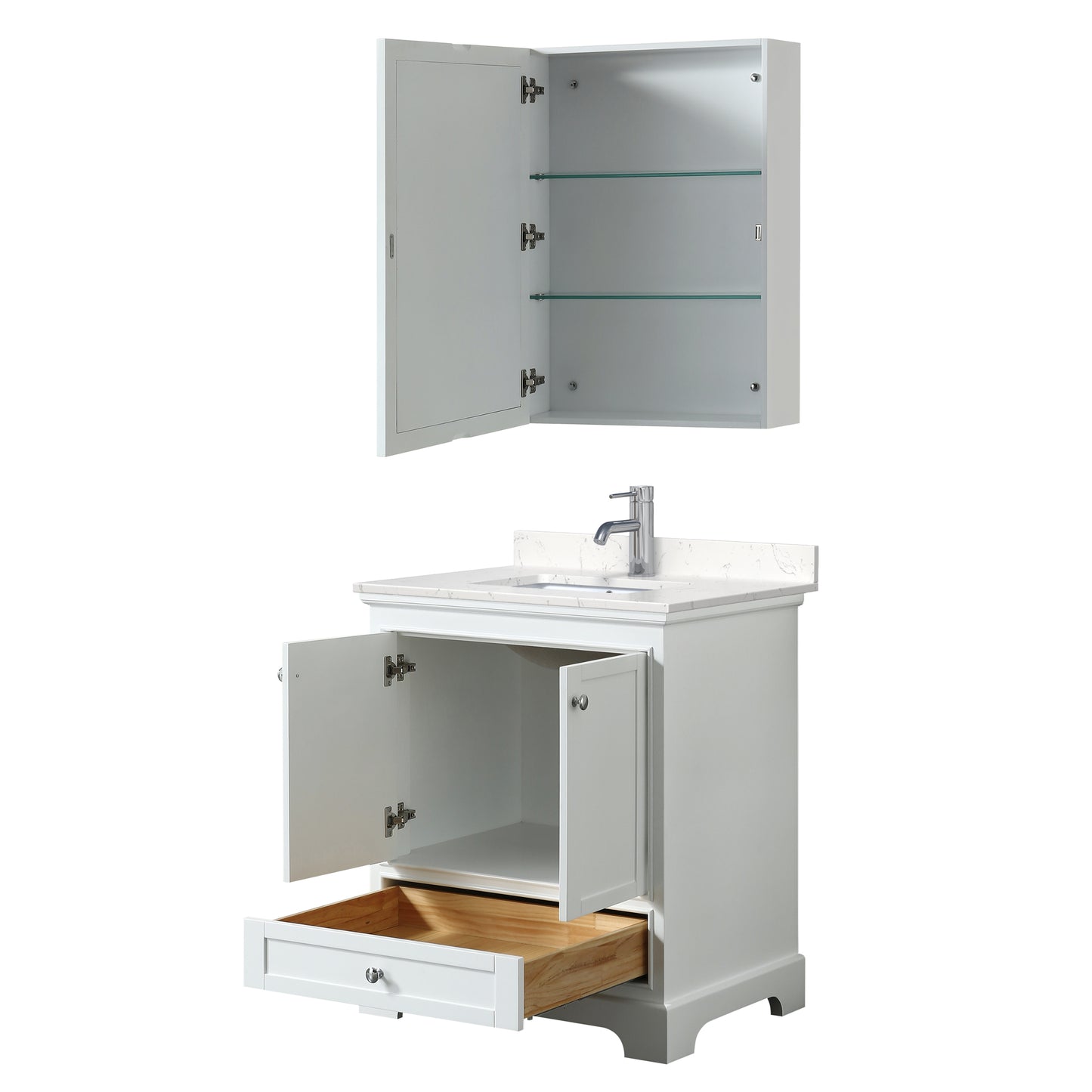 Deborah 30" Single Vanity in White, Carrara Marble Top, Medicine Cabinet