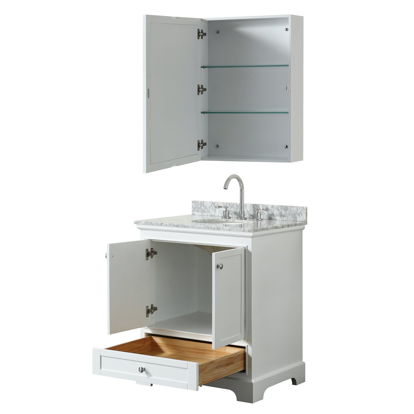 Deborah 30" Single Vanity in White, Top, Oval Sink, Medicine Cabinet