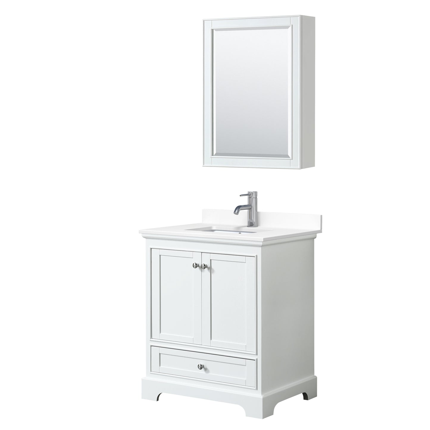Deborah 30" Single Vanity in White, White Cultured Marble Top, Medicine Cabinet